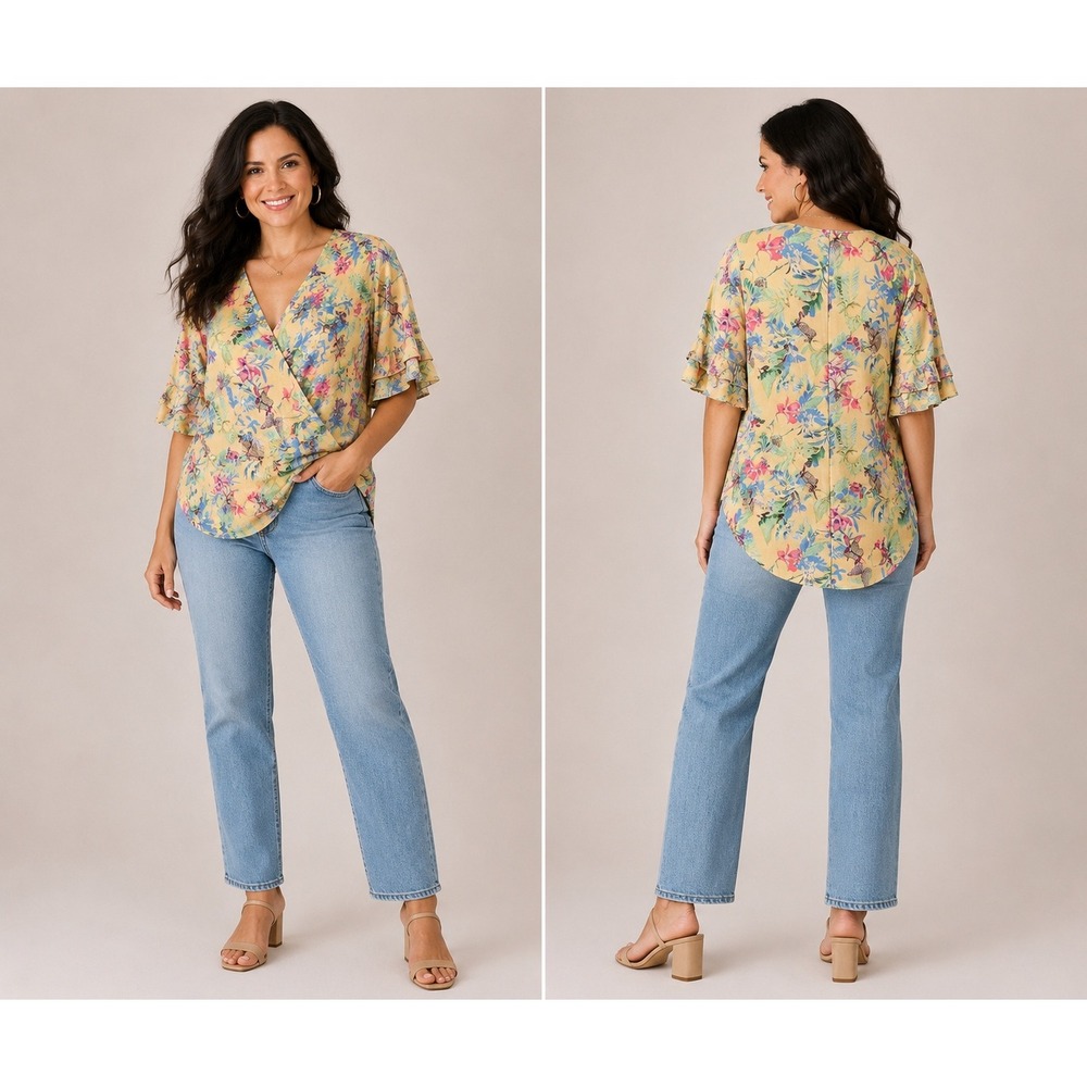 Umgee Womens Yellow Floral Butterfly Faux Wrap Ruffle Sleeve Blouse Small